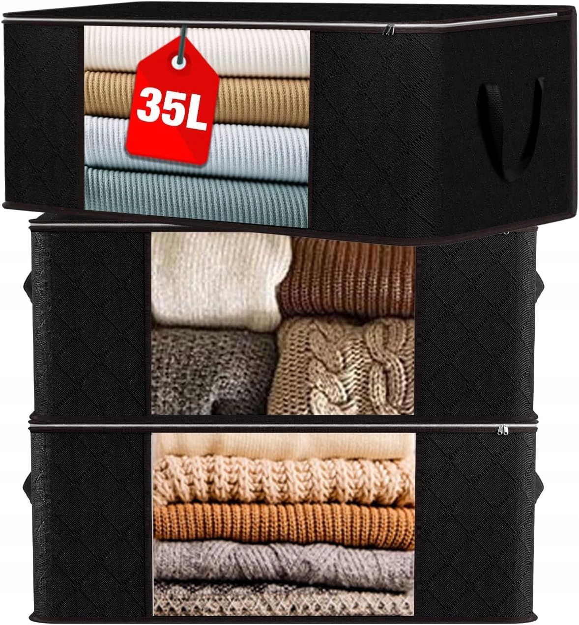 3x 35L Úložné Tašky Skládací S Držákem Na Skříňku Pod Postel