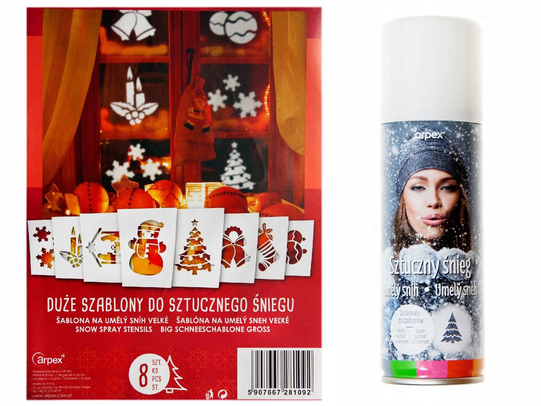 Szablony Świąteczne i Sztuczny Śnieg w Sprayu Dekoracje Świąteczne Witraże