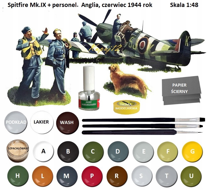 Model samolot Spitfire Mk.IX z personelem 1:48, klej modelarski, farby..