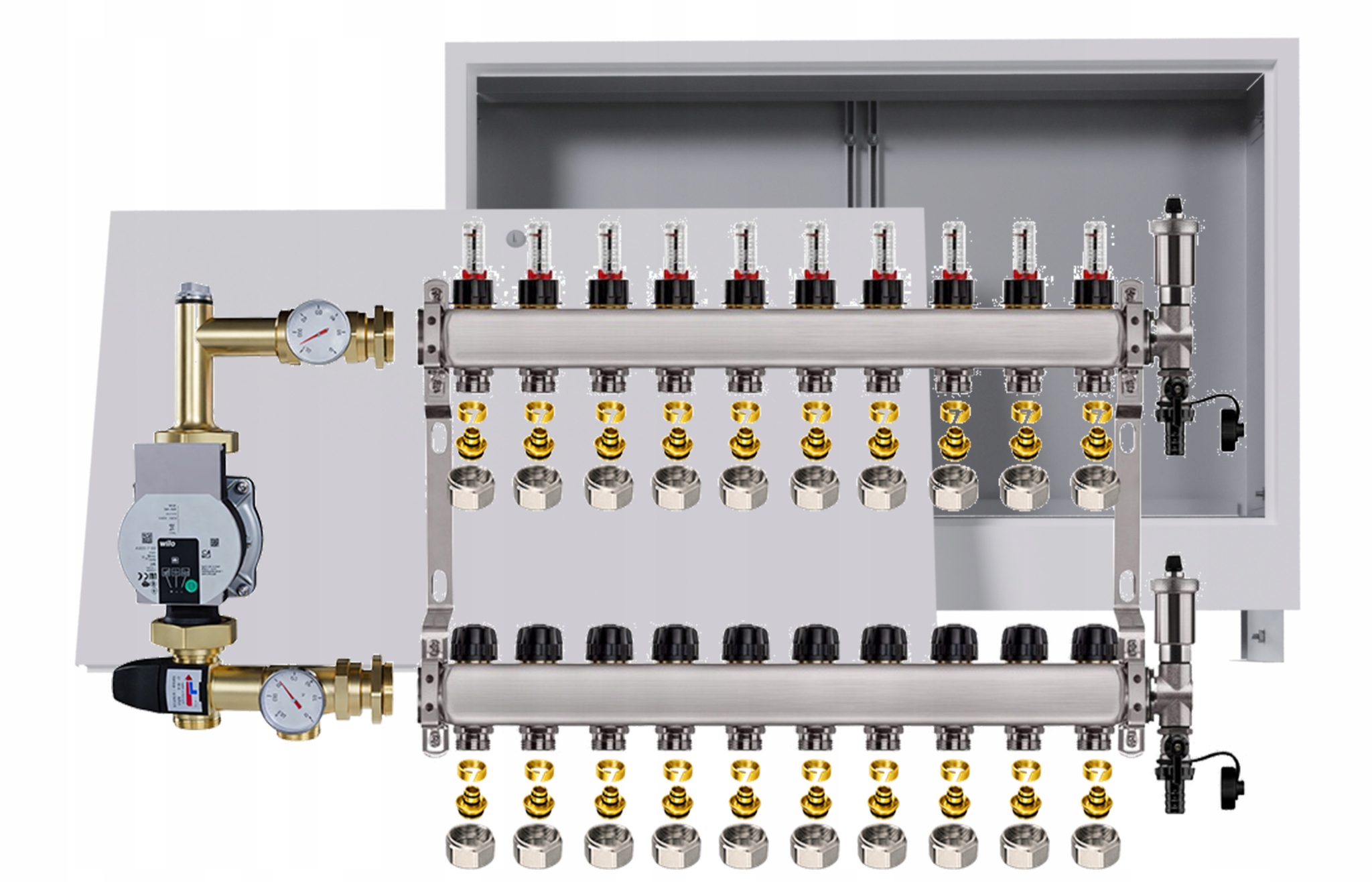 Nerezový rozdělovač pro podlahovku 10 podomítková skříňka Pompa Wilo +pex