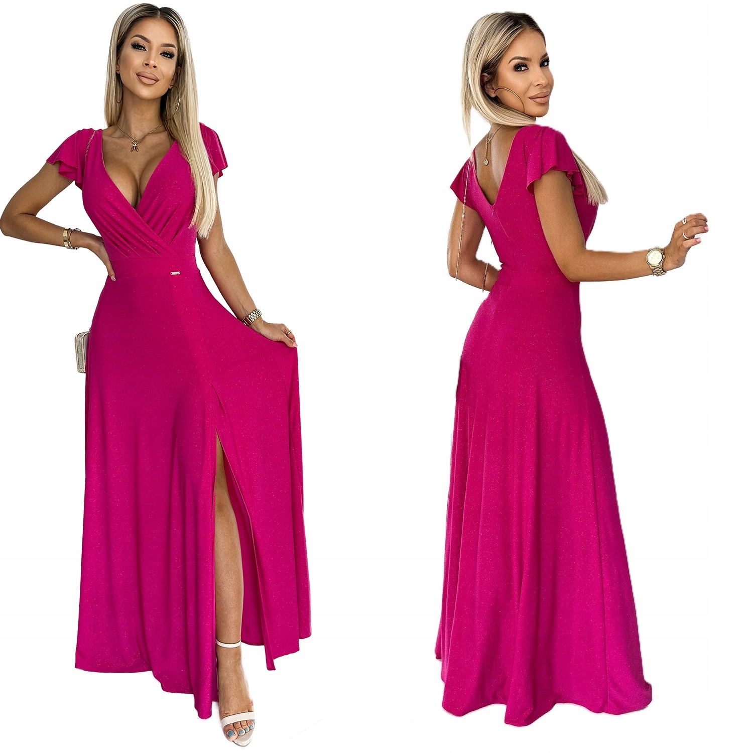 Lesklé Dlouhé Šaty S Velkým Výstřihem Na Silvestrovský Ples, Fuchsiová Barva