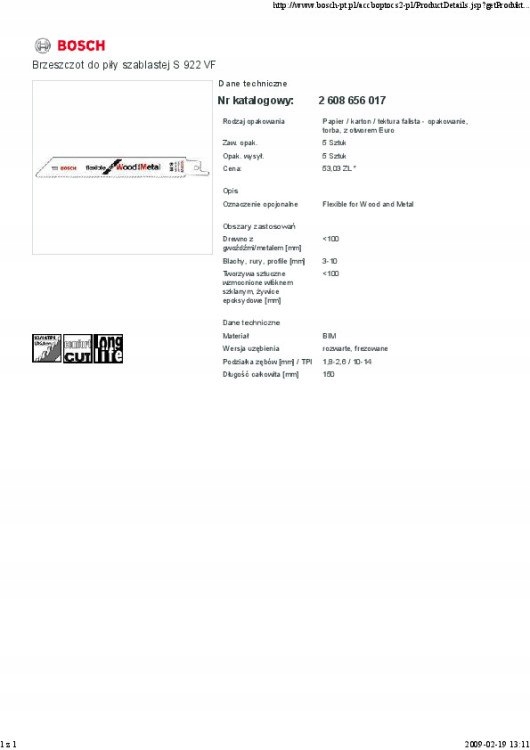 BRZESZCZOT DO PIŁY SZABLASTEJ S922VF 5SZT. Marka Bosch