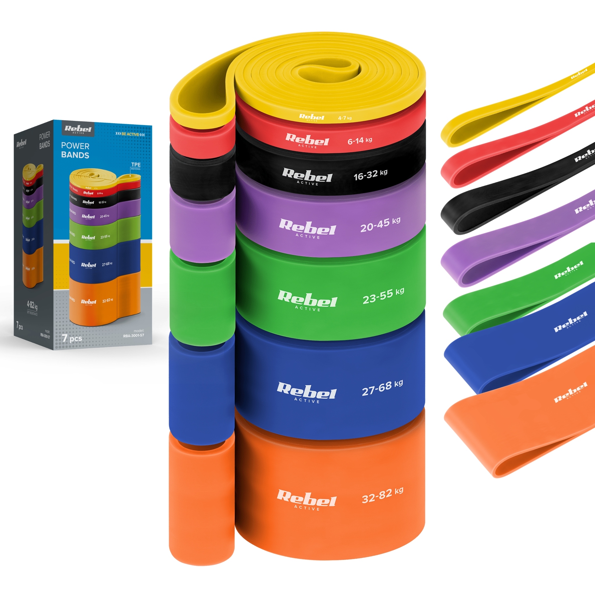 Sada 7 gum pro cvičení Power Band Tpe 4-82 kg Rebel Active RBA-3001-S7