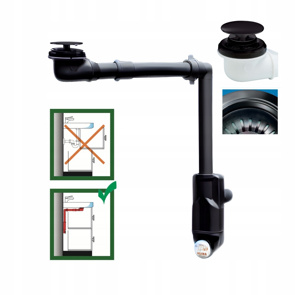 Umývadlový sifón Premium Black šetriaci miesto 32 – 40 zátka, čierny