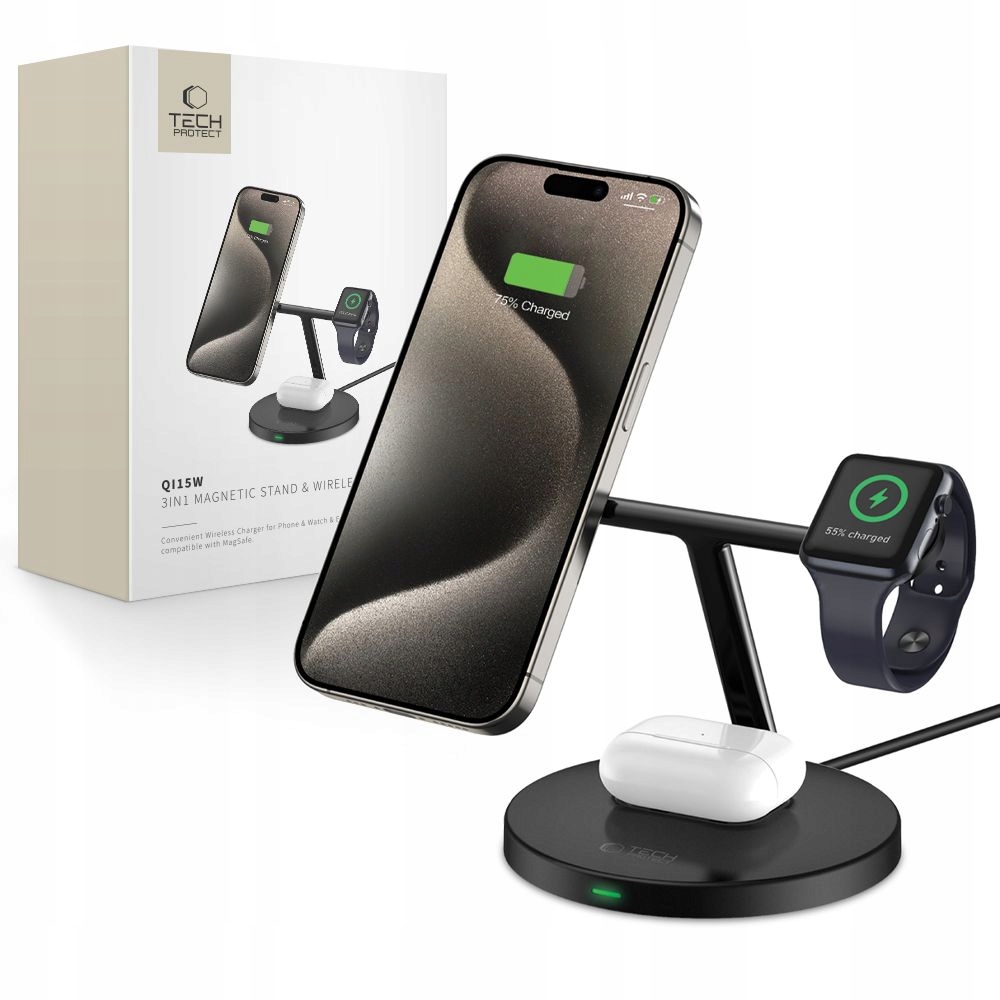 Nabíjecí Stanice Tech-protect QI15W-A35 3IN1 Magnetic Wireless Charger Černá