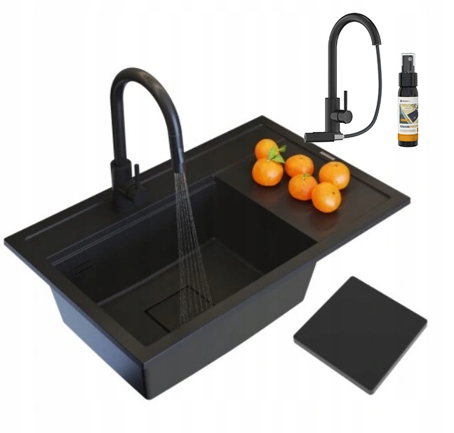 Granitový Drez Čierny, Sada Rendo Kuchynská Batéria, Moderná Krytka