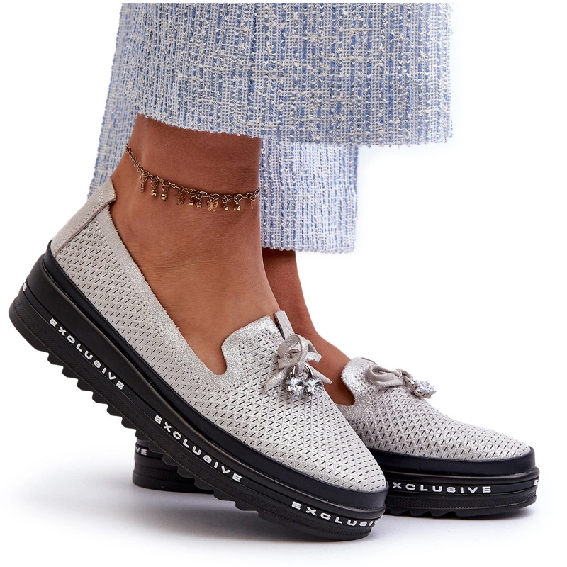 Dámské Mokasíny Lesklé Na Platformě Kůže S.barski LR400 Stříbrné 40