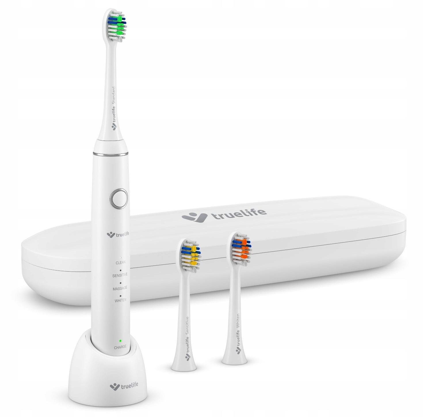 Biała Szczoteczka Soniczna TrueLife Timer Mocna Bateria 2 Końcówki Etui