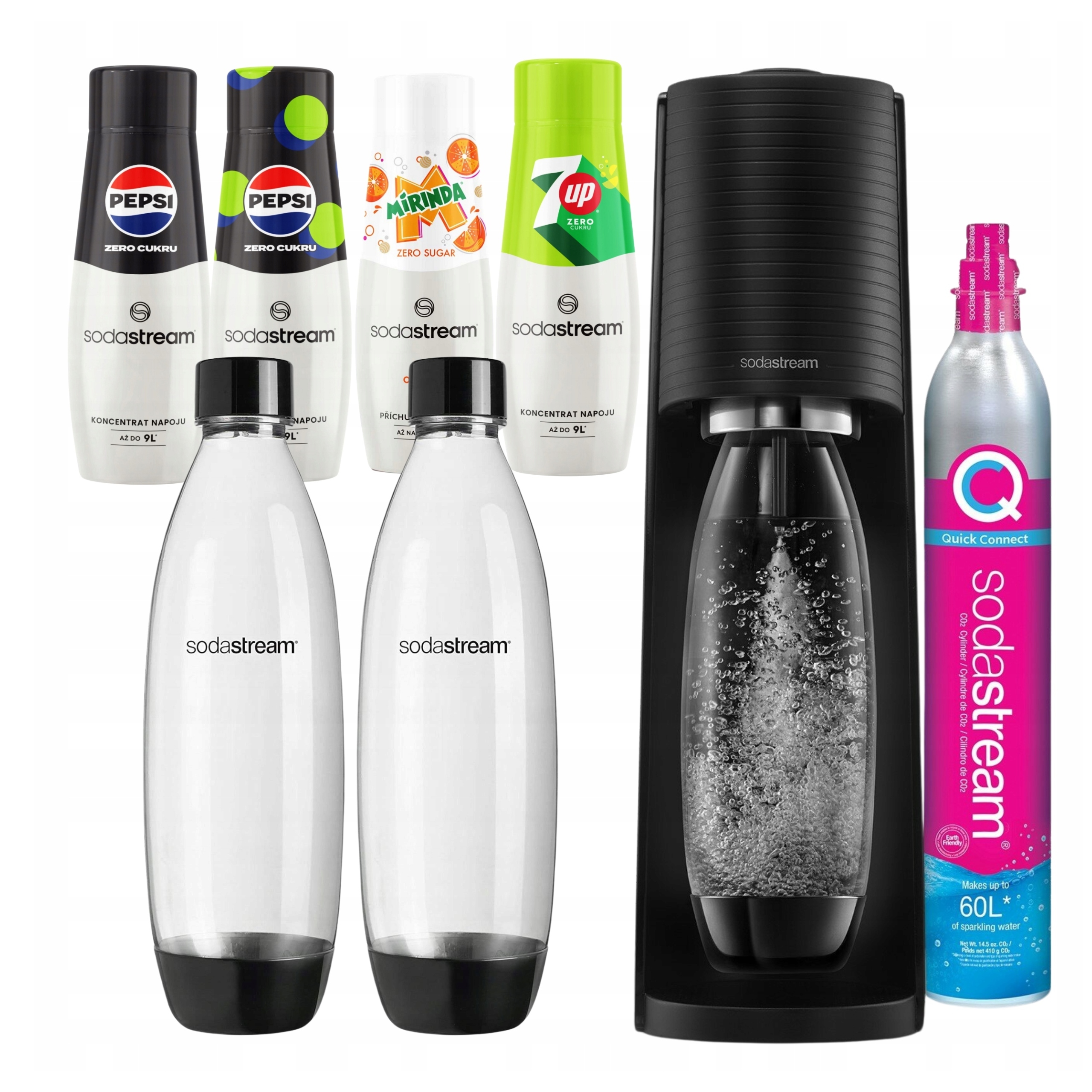 Výrobník Sody Sodastream Terra 2 lahvičky 4 sirupy bez cukru Pepsi 7UP Mirinda