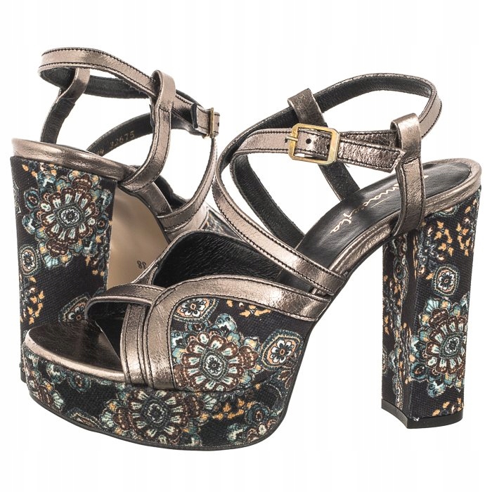 Dámské sandály na podpatku Maciejka Černé/Květiny 06084