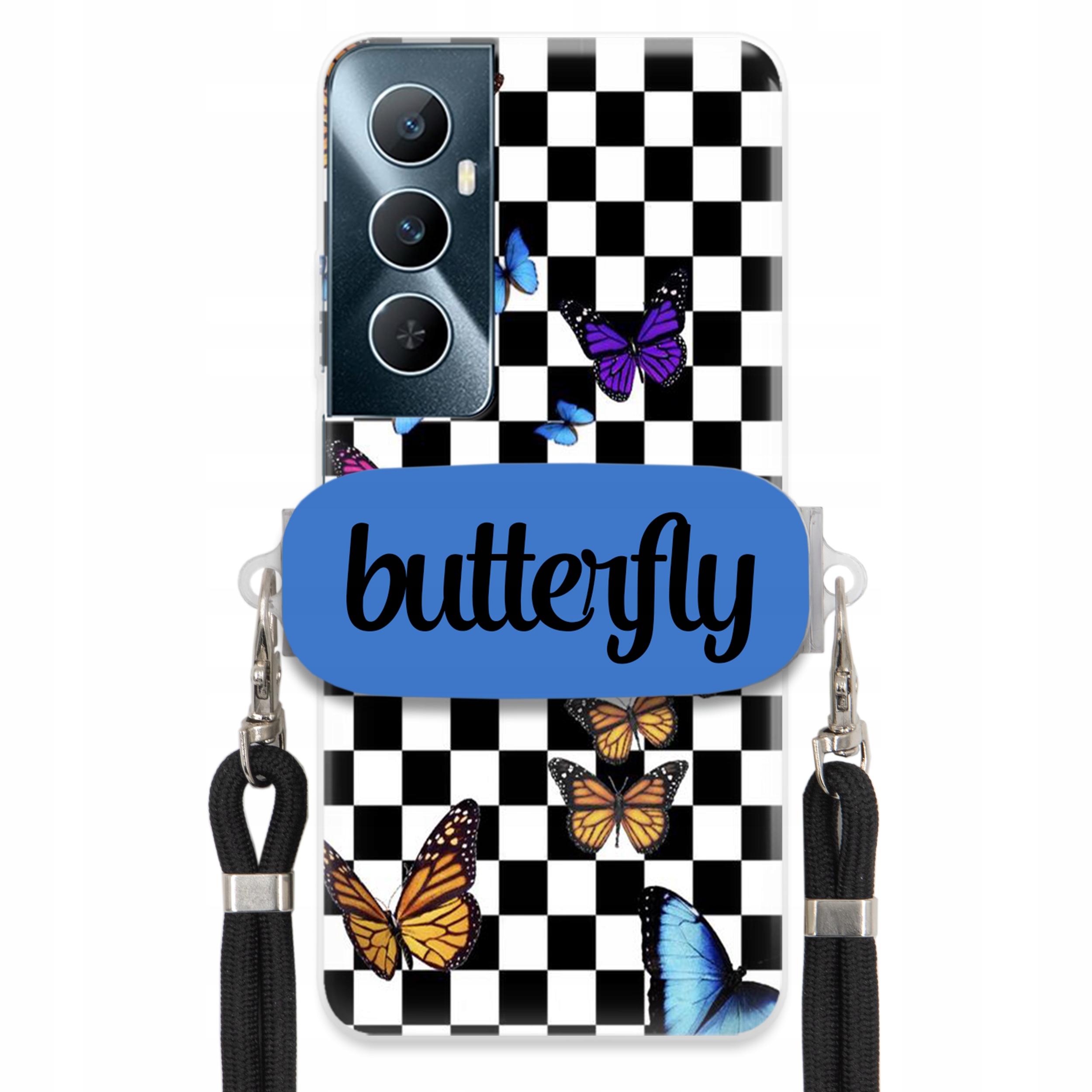 Puzdro Na Realme C65 4G Puzdro S Obdĺžnikovým Držiakom, Čierne, Vodítko, Butterfly, Motýle