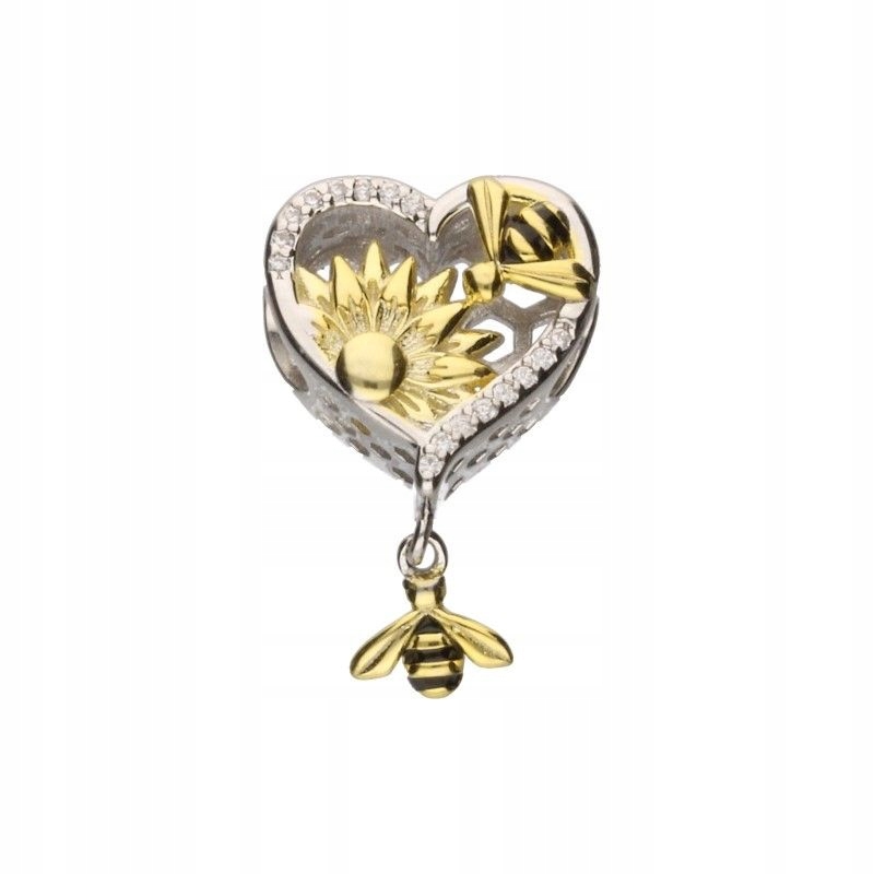 Stříbrný přívěsek Bead 925 se zlacením, srdíčko s včelkami, kytičky
