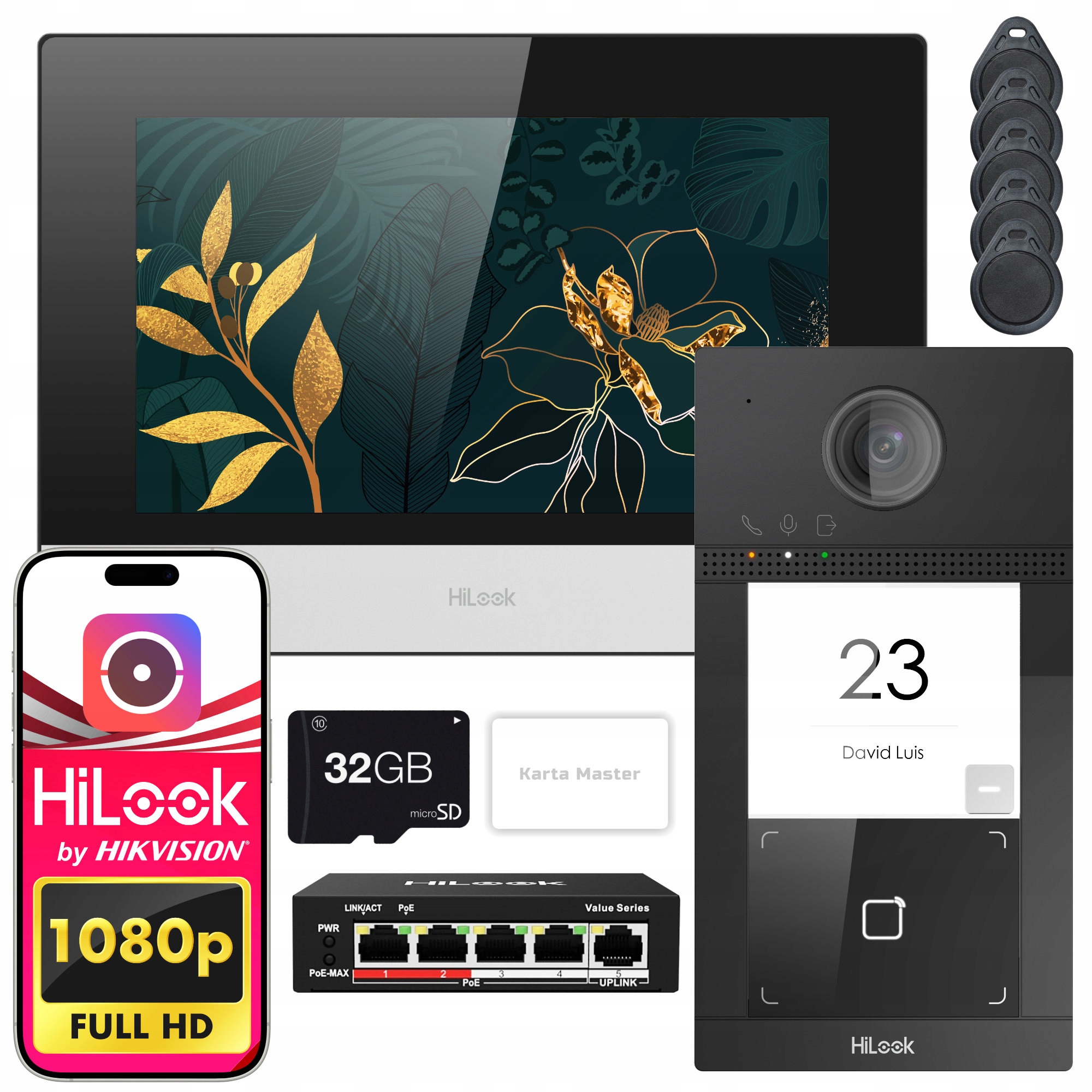 Wideodomofon Wifi Ip-vis-pro PoE HiLook Furtka Brama Aplika Breloki Switch