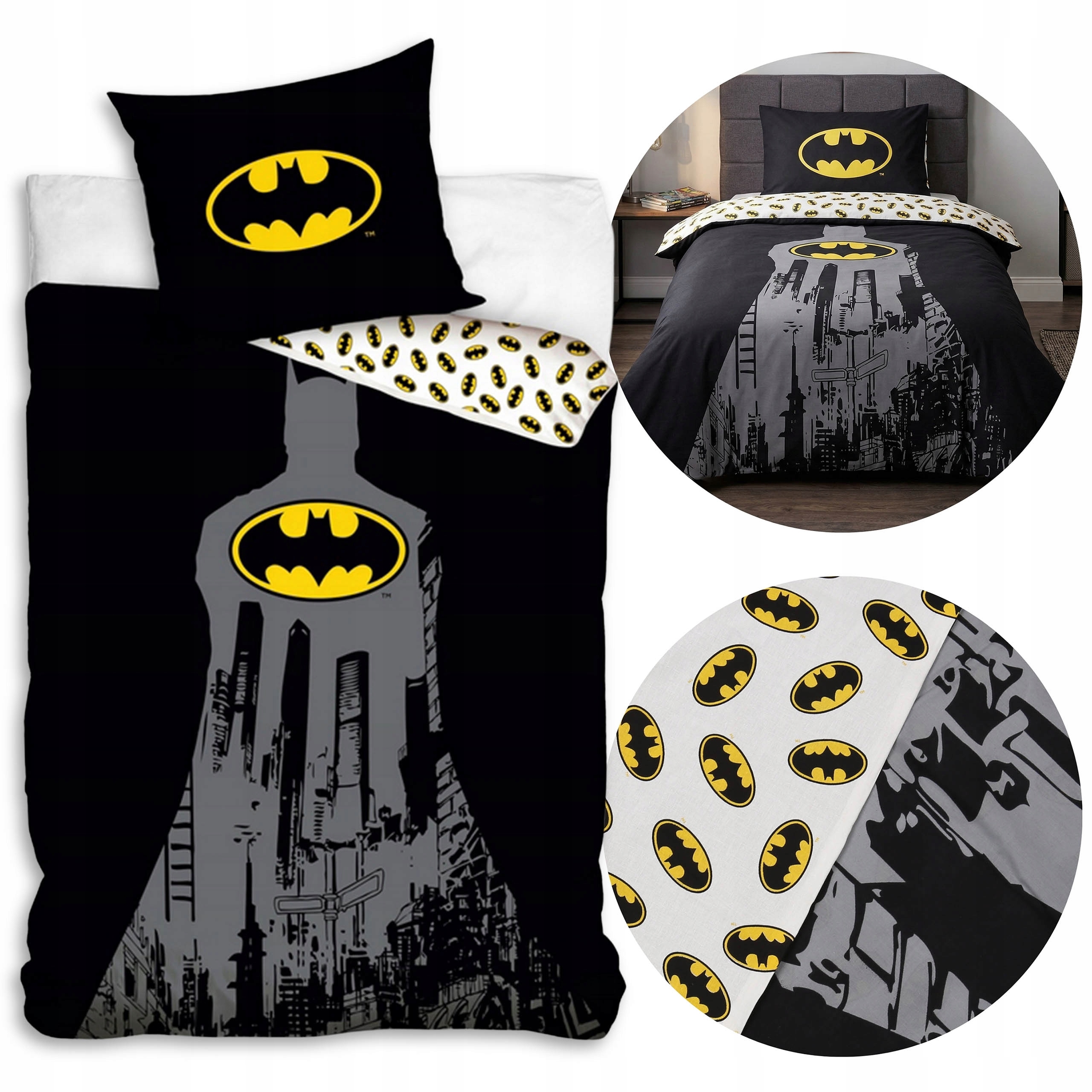 Batman Czarna, Dwustronna pościel na zamek 100% Bawełna 140x200cm