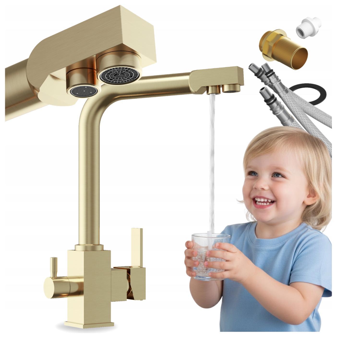 Kuchynská trojcestná batéria pre vodný filter, kohútik Node, zlatý výtokový filter