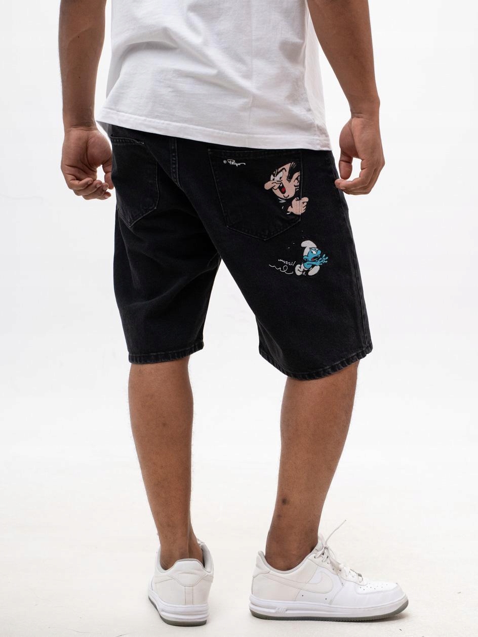Krátké Kraťasy Džínové Šortky Baggy Pánské Černé Šmoulové Gargamel M