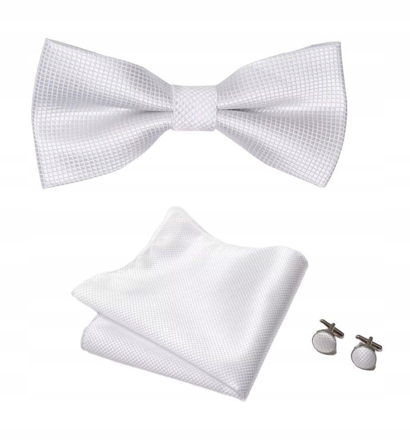 MUSZKA MĘSKA MUCHA POSZETKA SPINKI BIAŁA ELEGANCKI ZESTAW POLIESTER