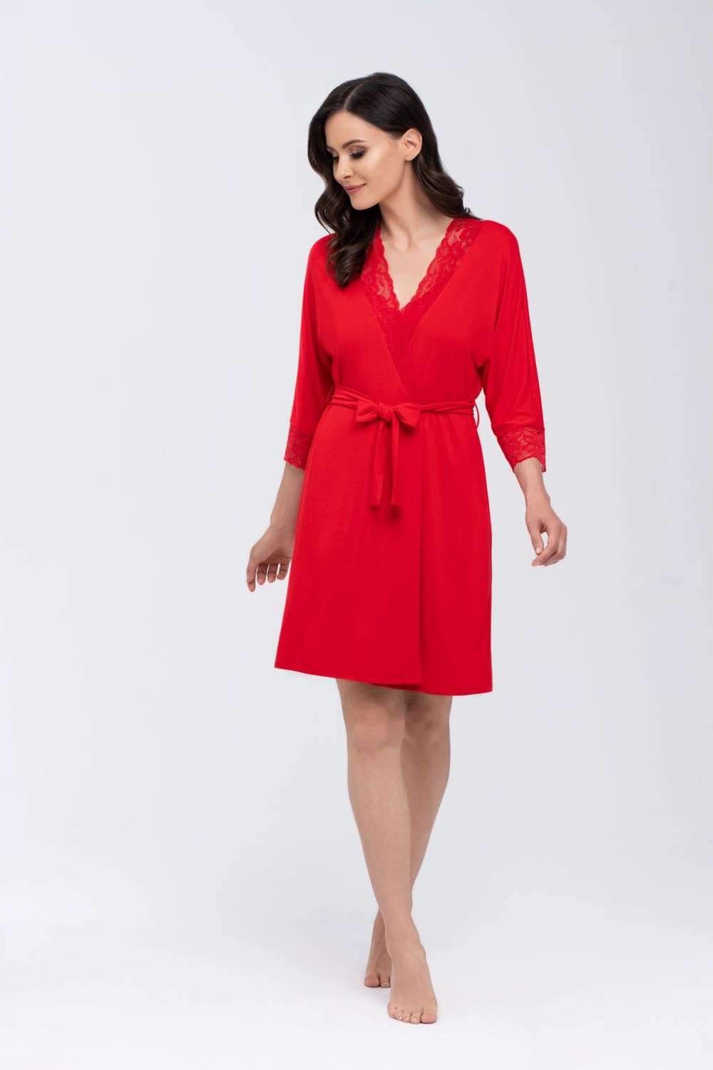 Dámský župan s krajkou a zavazováním Arlena červený L