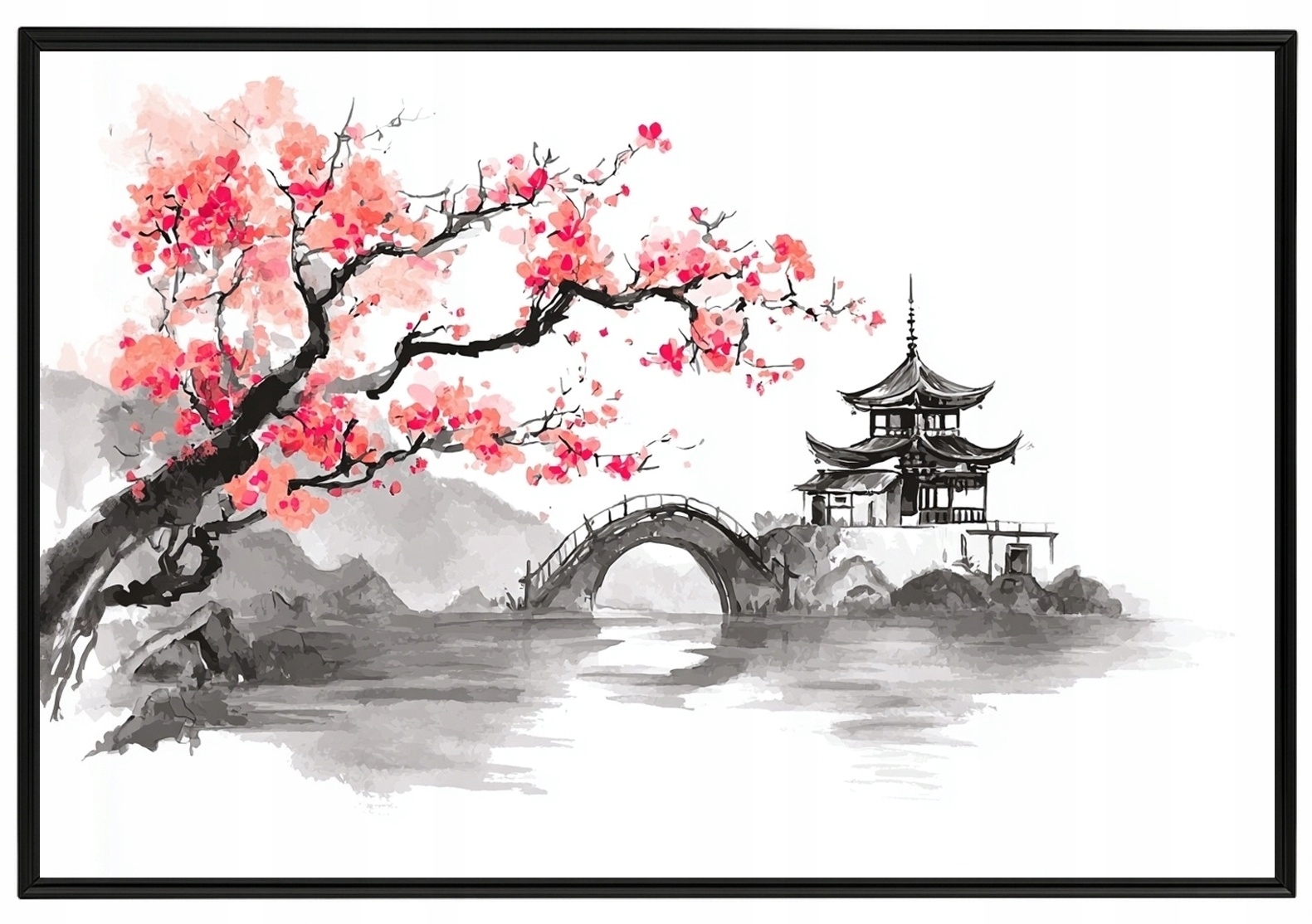 Plakát Rámeček Aluminium Asie Čína Pagoda Most Dřevo Višeň Sakura 60x40