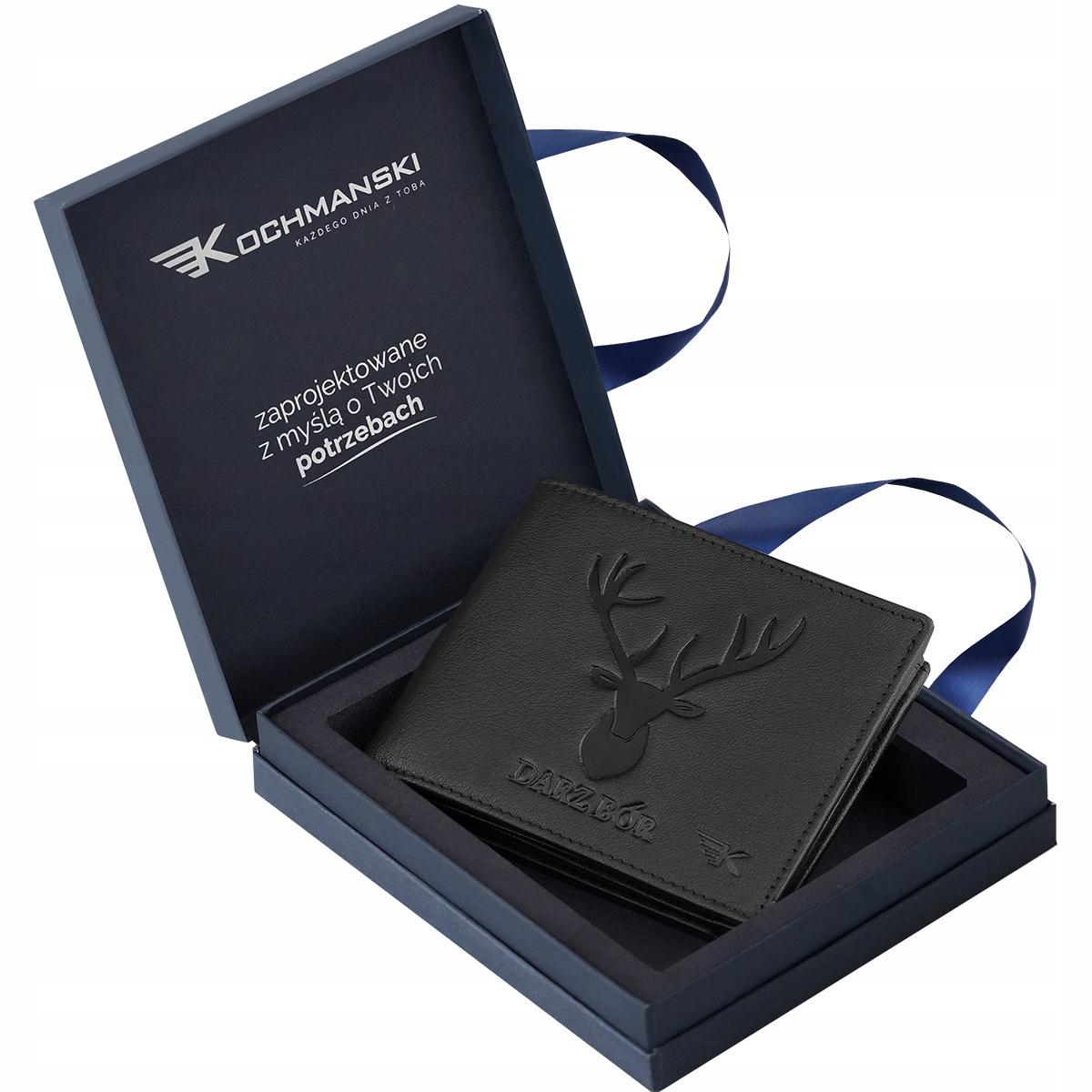 Kochmanski portfel męski skórzany czarny z jeleniem dla myśliwego
