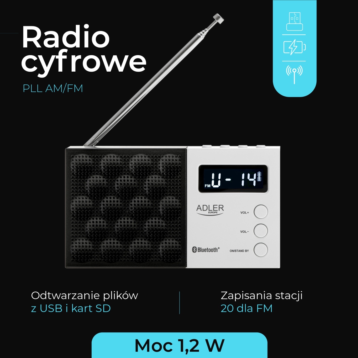 Radio Cyfrowe PLL AM/FM AD 1908 Bluetooth 5.0 USB/SD Budzik