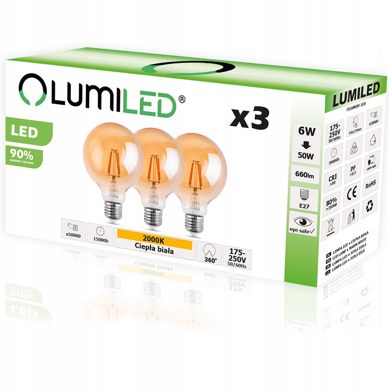 

3x Żarówka Led E27 G95 Filament 6W Globe Ozdobna