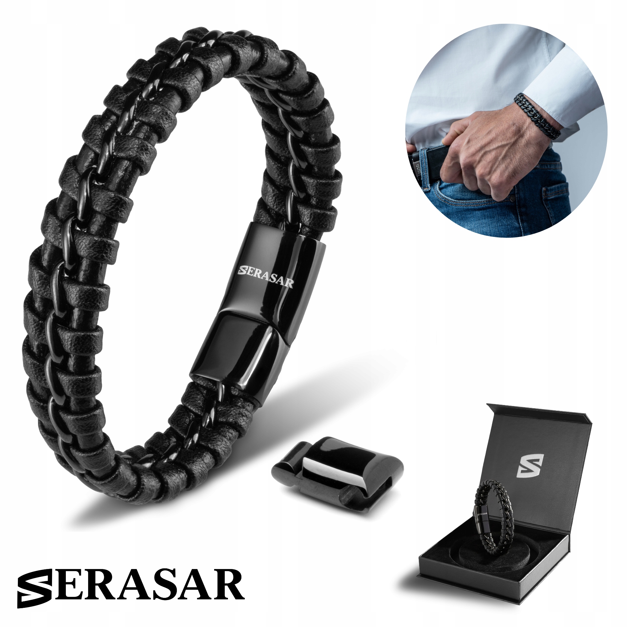Serasar, Kožený náramek pro muže [Joy] černý, 20 cm