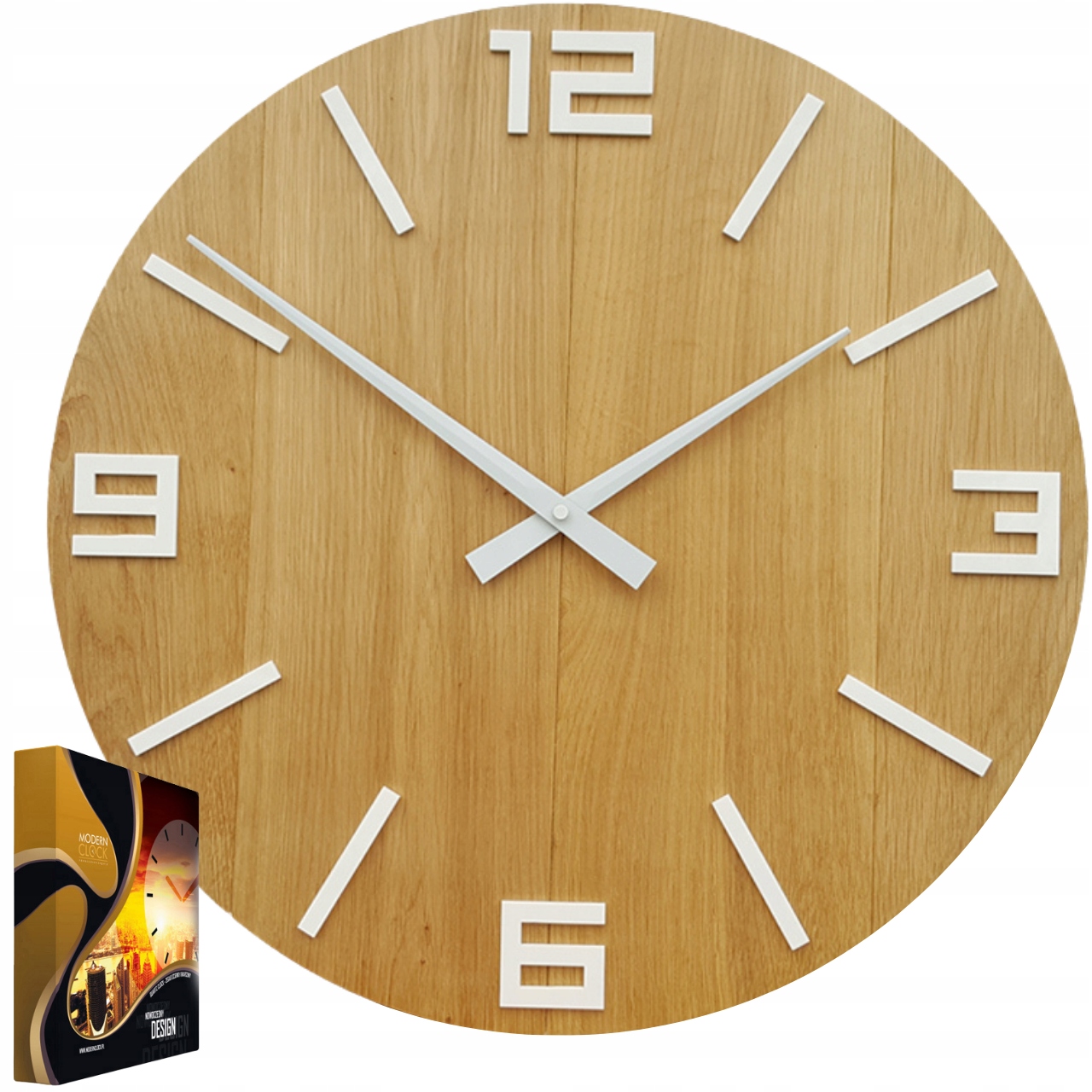 Akrylový drevený dubový nástenný hodinový strojček Arabic Wood White 50 cm, okrúhly