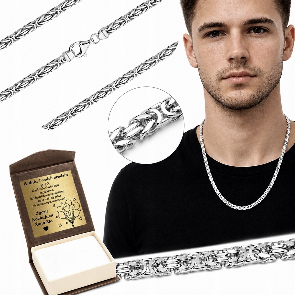 Łańcuszek Srebrny Męski 4 mm Splot Królewski Pełny Diamentowany pr 925