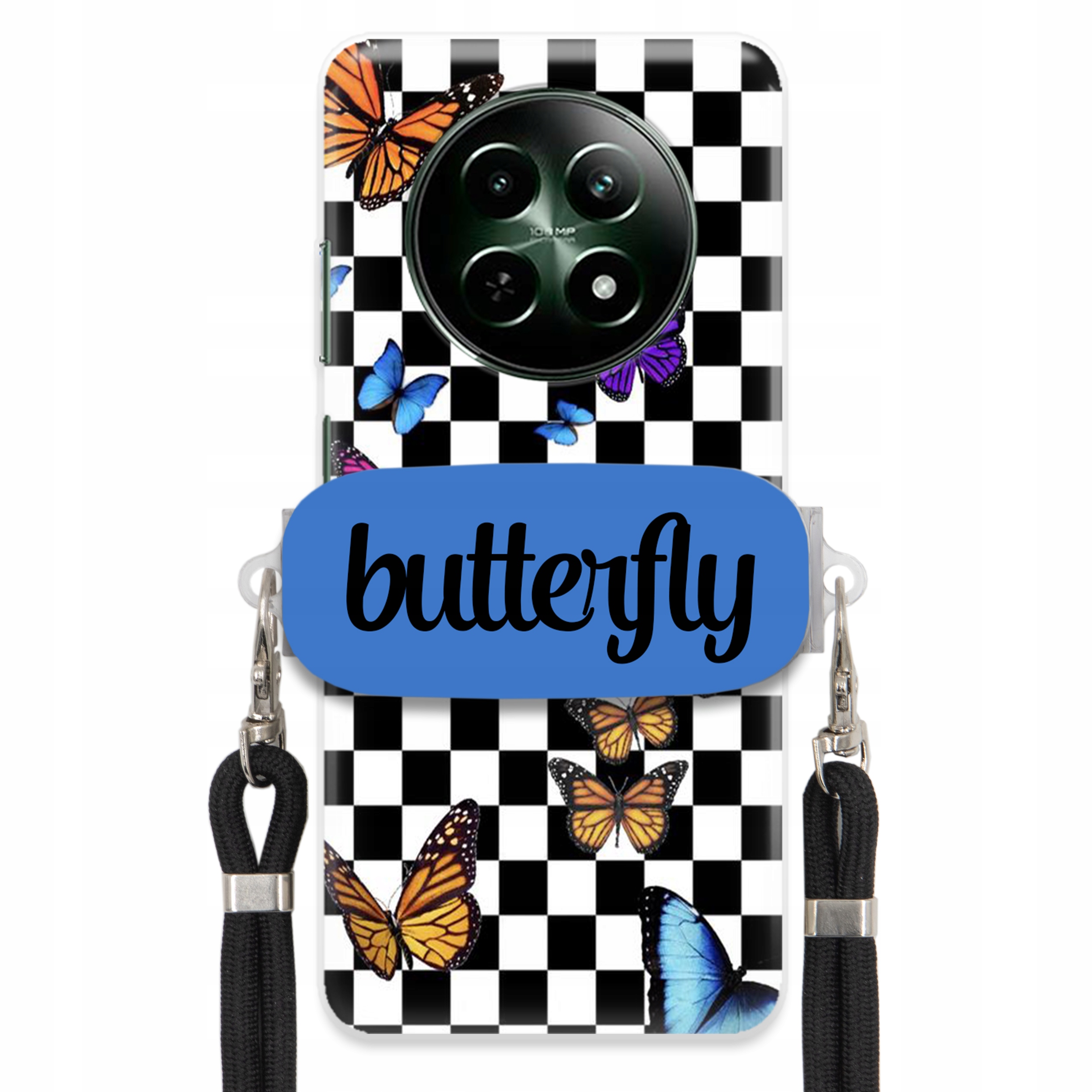 Puzdro Na Realme 12 5G Puzdro S Obdĺžnikovým Držiakom, Čierne Vodítko, Butterfly Motýle