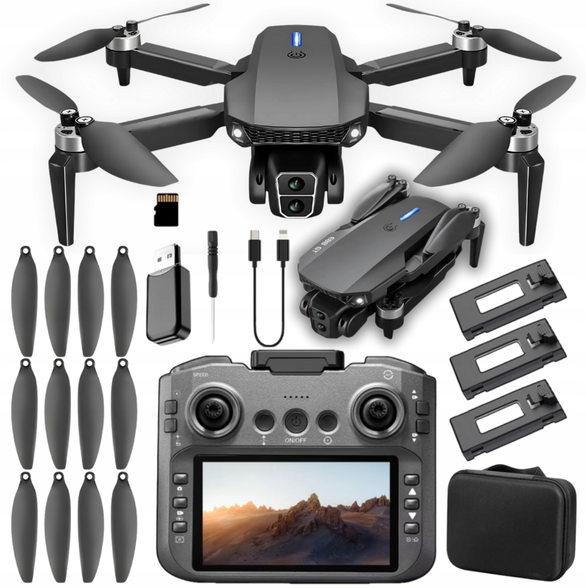 Dron Gt Pro LCD displej 5' Bezkartáčové Motory 3xBATERIE Karta 8GB