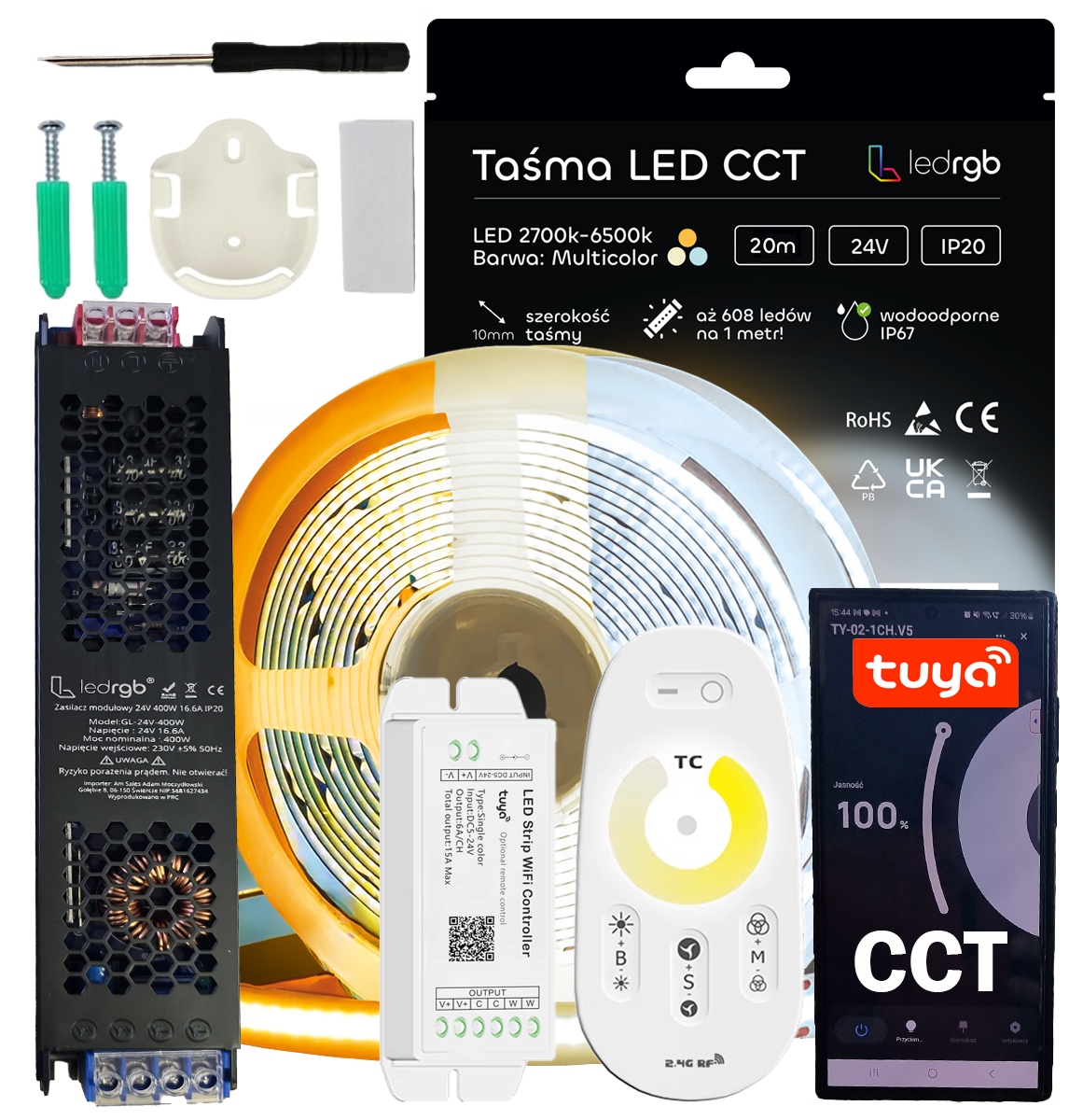 Zestaw Taśma Led Cob 24V 20m (2x10m) Cct 2700K-6500K Biała Wifi Tuya Pilot
