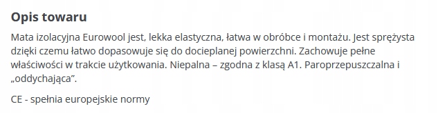 WEŁNA MINERALANA EUROWOOL M-11 0,039 5 CM Jednostka sprzedaży m2