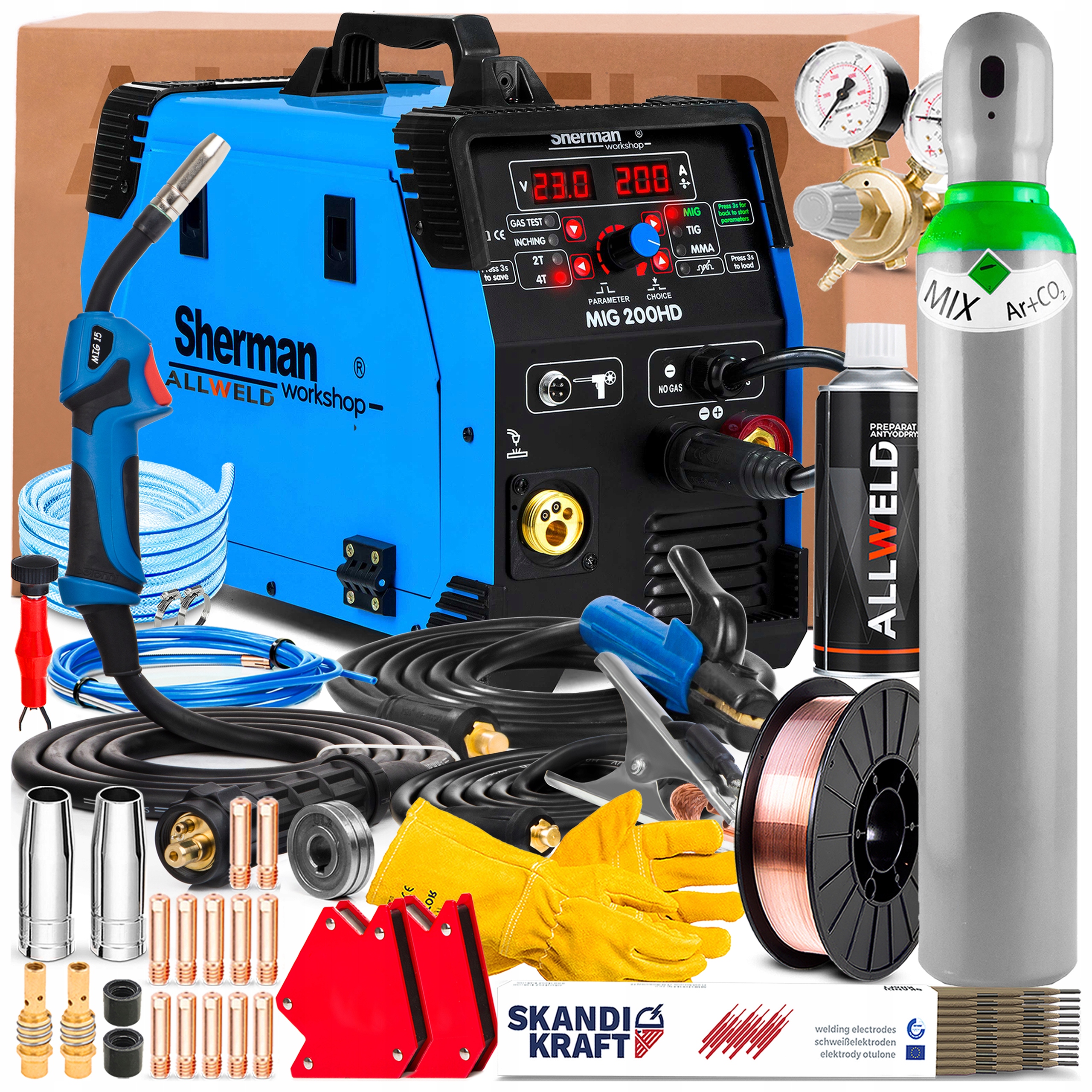 Spawarka Sherman Mig 200HD 230V 200A Synergia Mma Tig Flux Lutospawanie