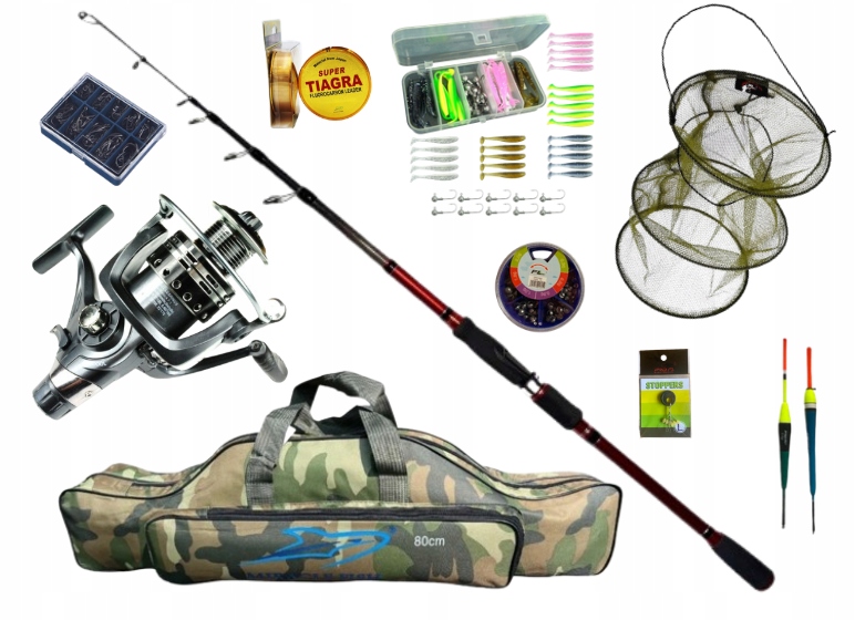 Komplent Zestaw Wędkarski Premium Wędka Kołowrotek Torba Siatka Akcesoria