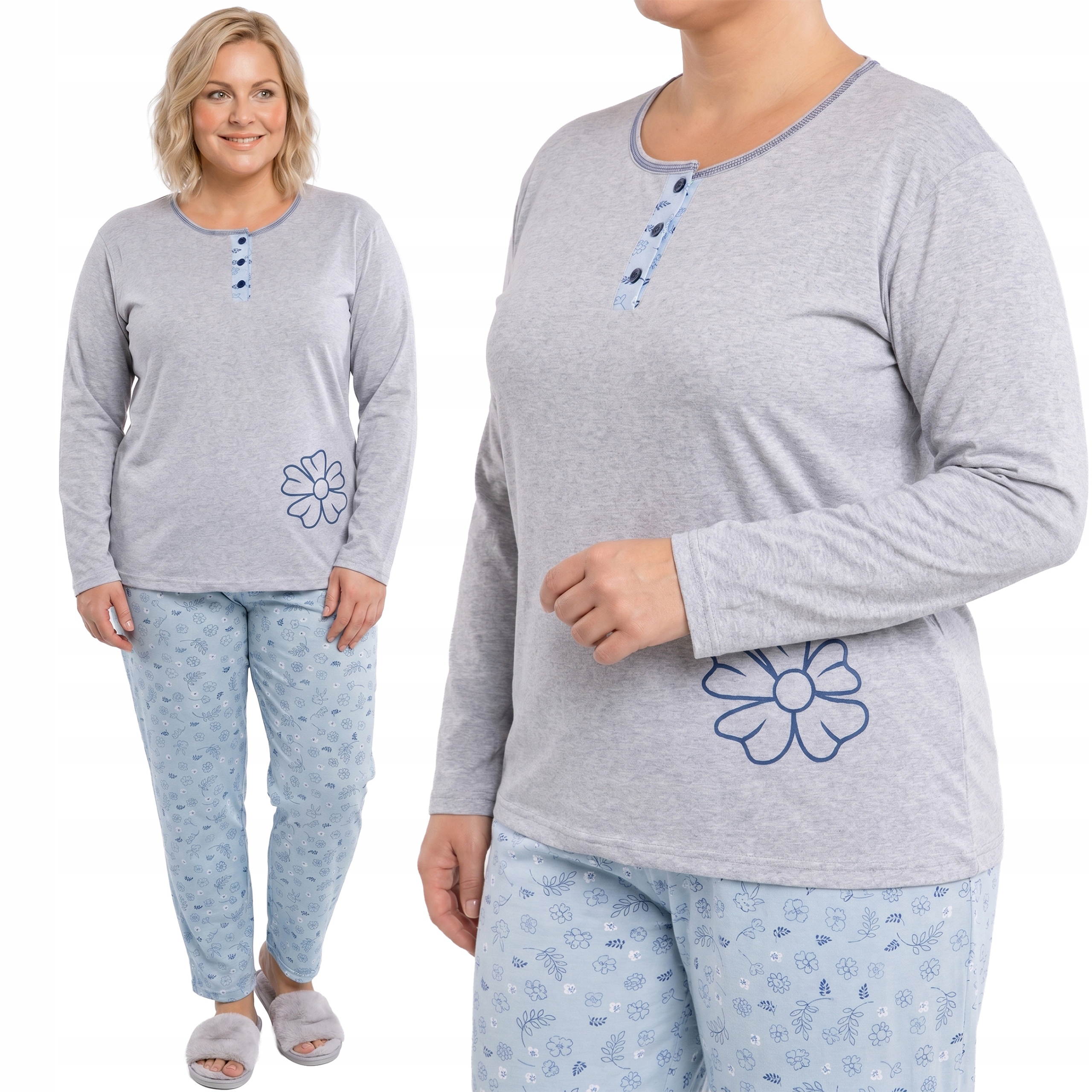 Šedo-modré pyžamo s květinami plus size velikost 48