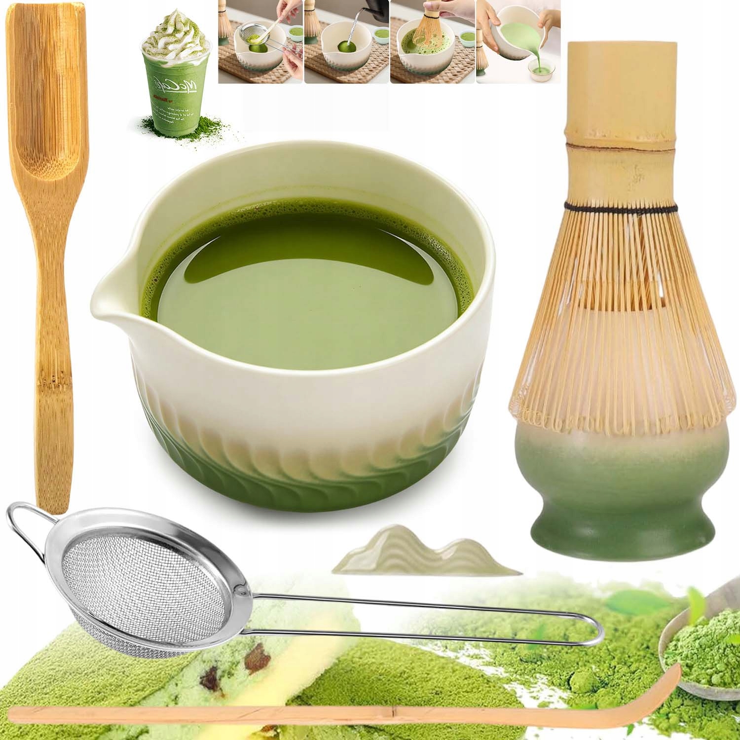 Bambusowy Zestaw Do Robienia Matchy Trzepaczka Łyżka Chasen, Miotełka 7W1