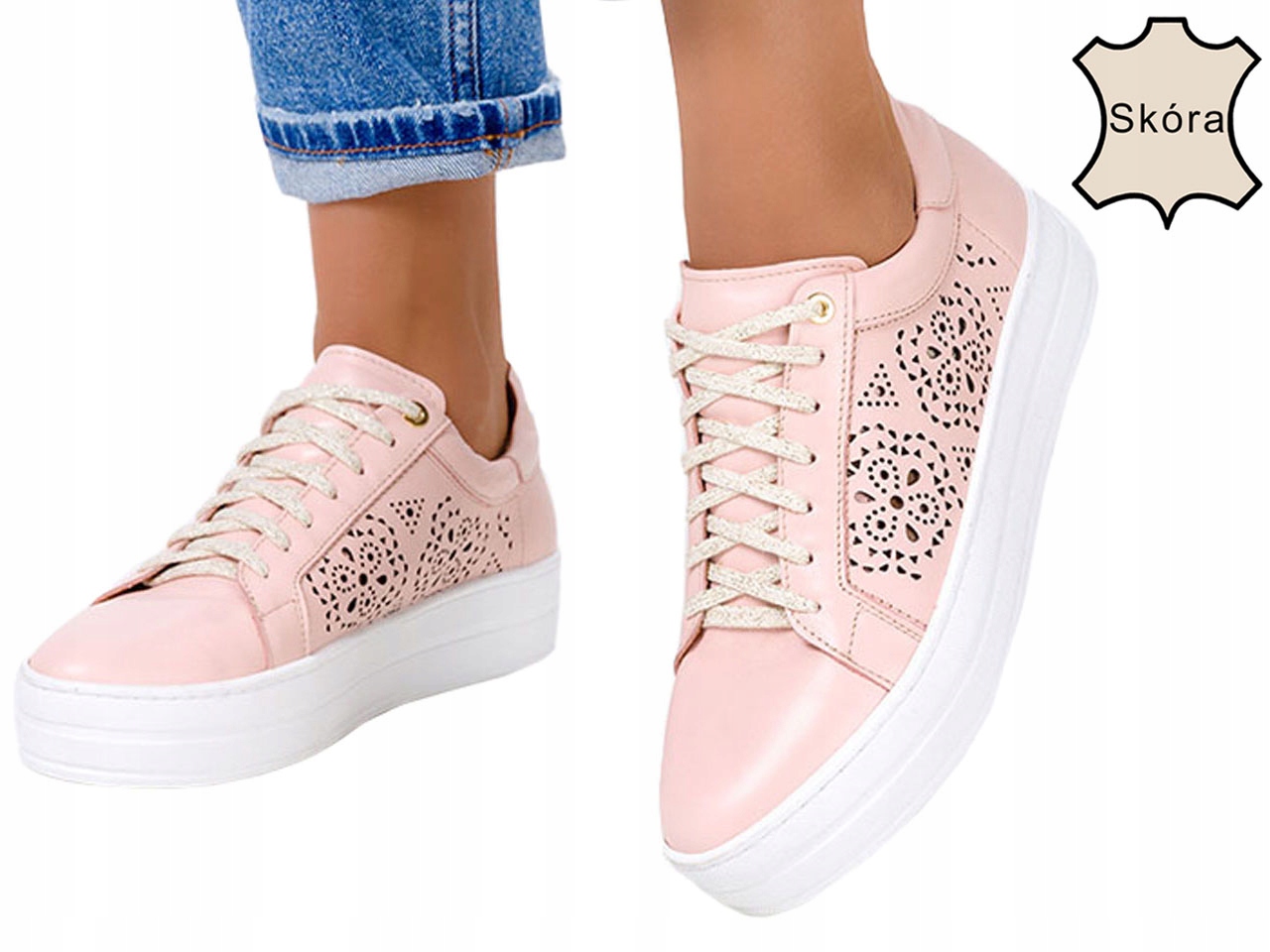 CREEPERSY DAMSKIE RÓŻOWE AŻUROWE SKÓRZANE PL r 40