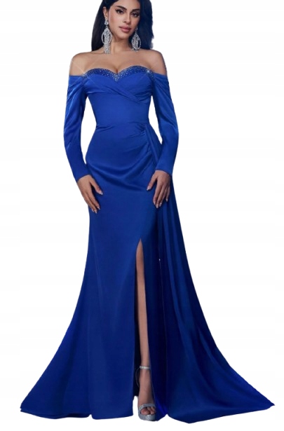 Shein Modrá Večerní Šaty S Dlouhým Rukávem A Zirkony 40/42 1HJ