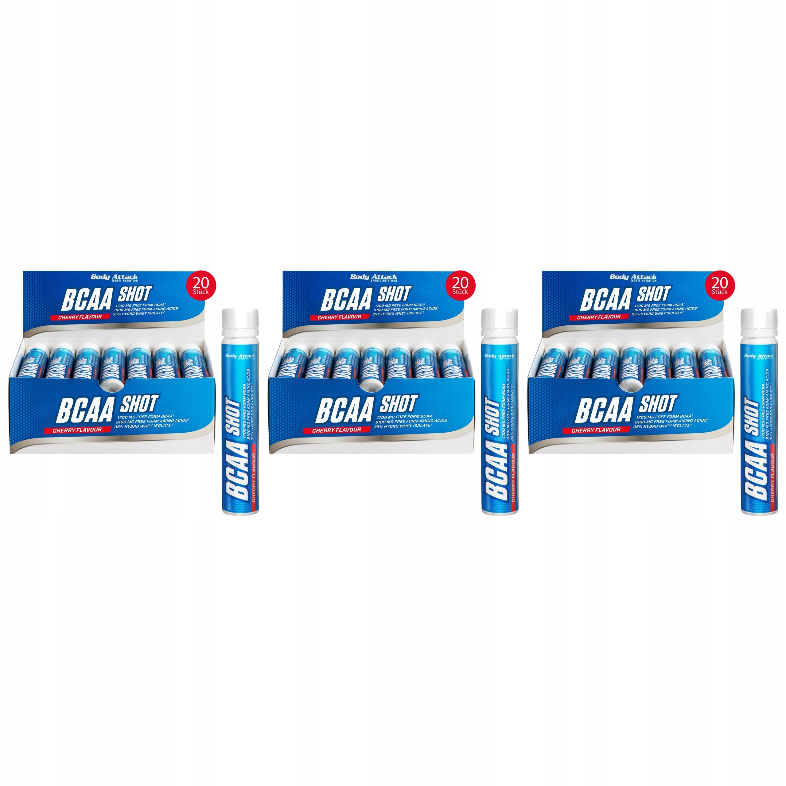 3 x Bcaa aminokyseliny Body Attack Shot 20 x 25 ml Višeň Regenerace svalů Tren