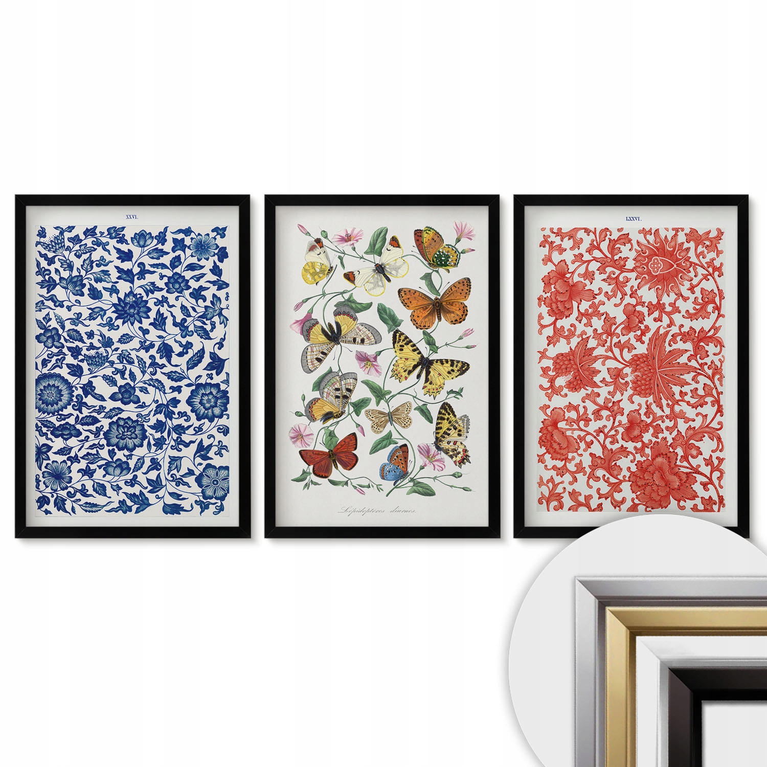 40x60 Sada obrazov zarámovaných v ráme Vintage kvety motýle ornamenty