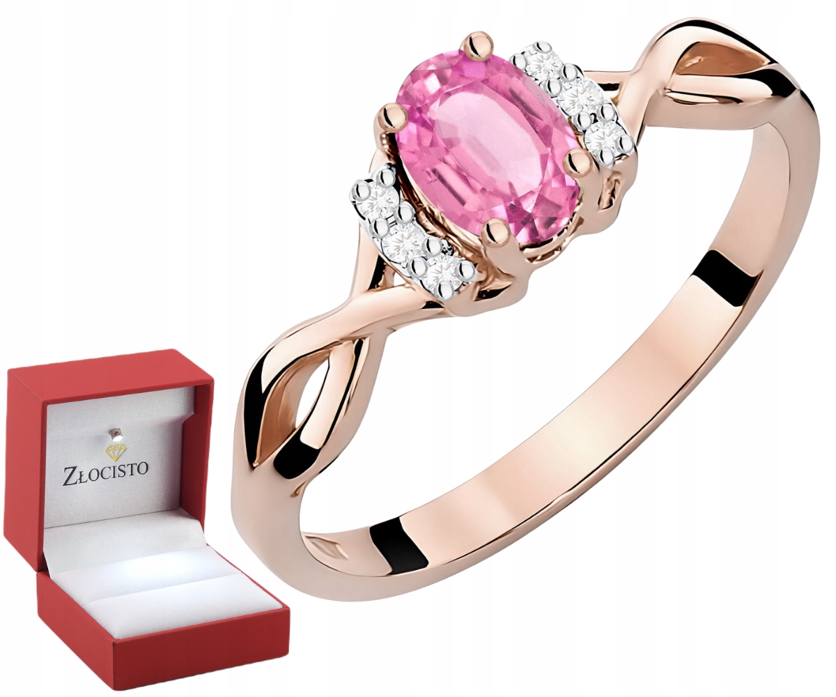Pierścionek Złoto 585 Różowy Topaz 0,50ct Brylanty Grawer