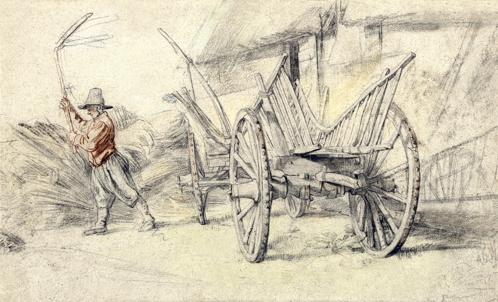 A Man Threshing Beside a Wagon, Farm Buildings Behind, Rubens - plakat 40x3