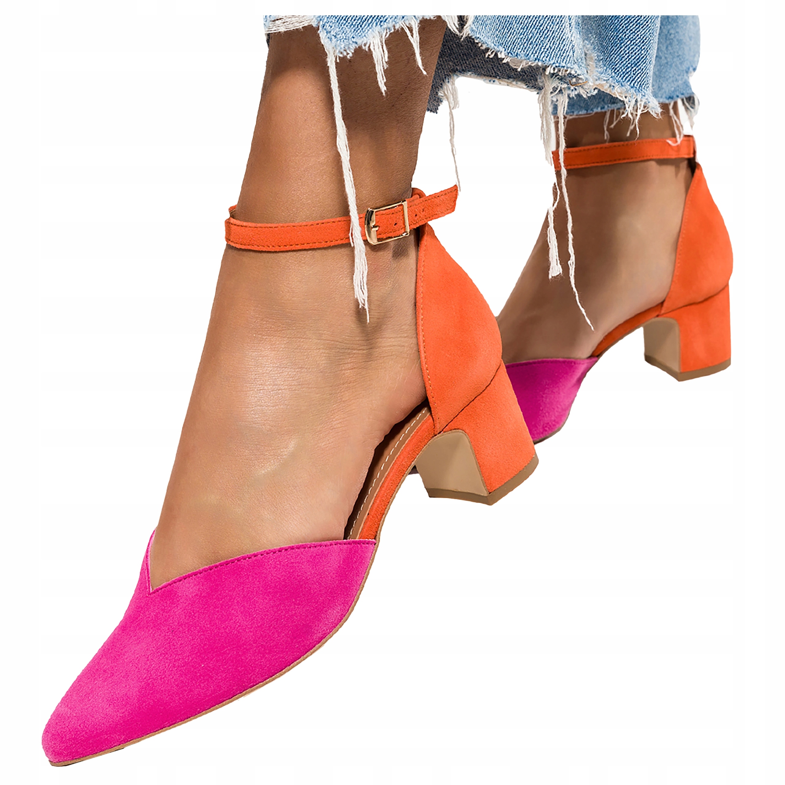 Skórzane Czółenka Damskie Fuksjowe Na Obcasie Klocku Produkt Polski r 39