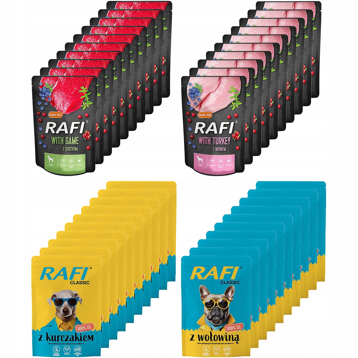 Vlhké krmivo pro psy Rafi Mix různých příchutí, sada 20 sáčků