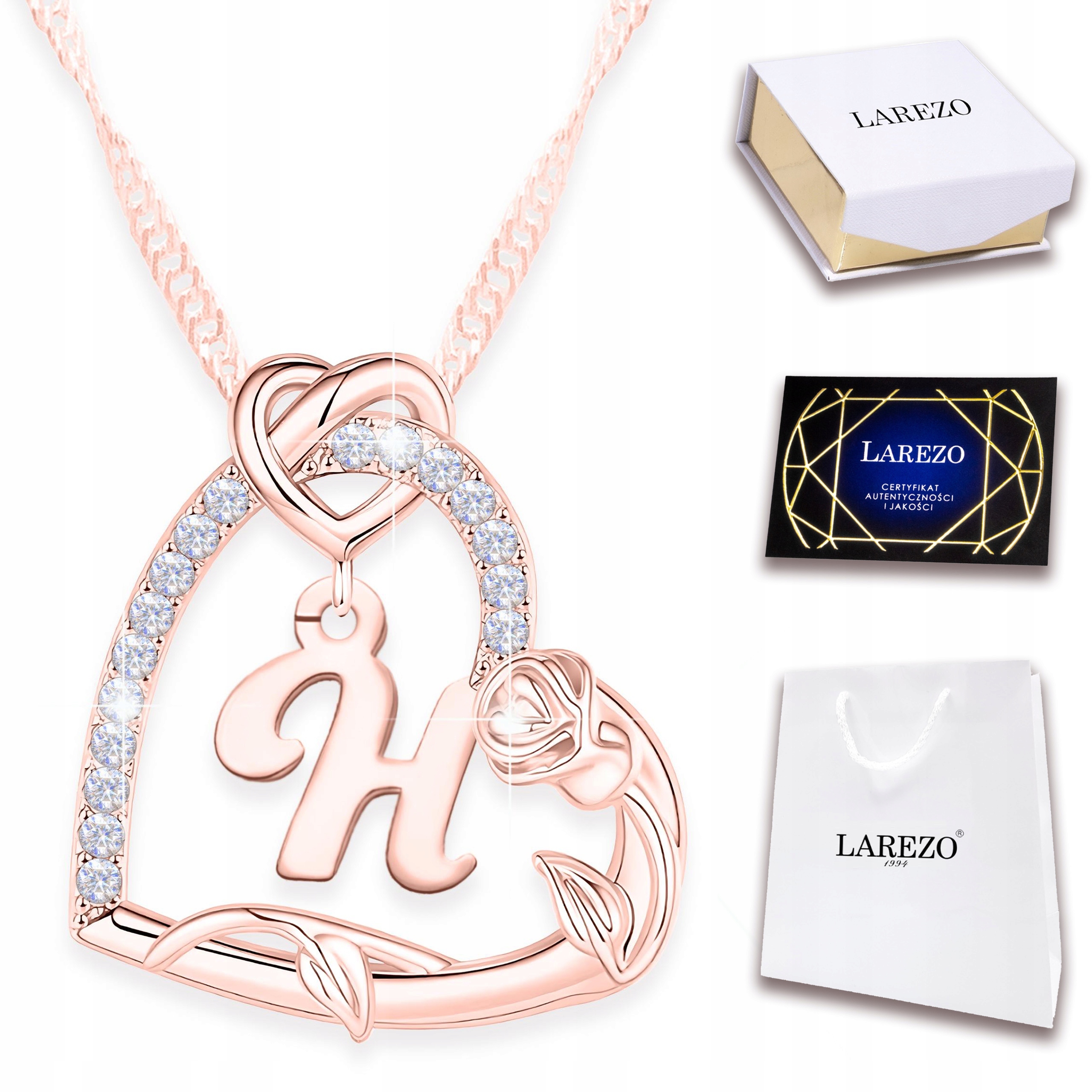 Náhrdelník Pozlacené srdíčko Písmeno H Růže Květina Láska Zirkon 925