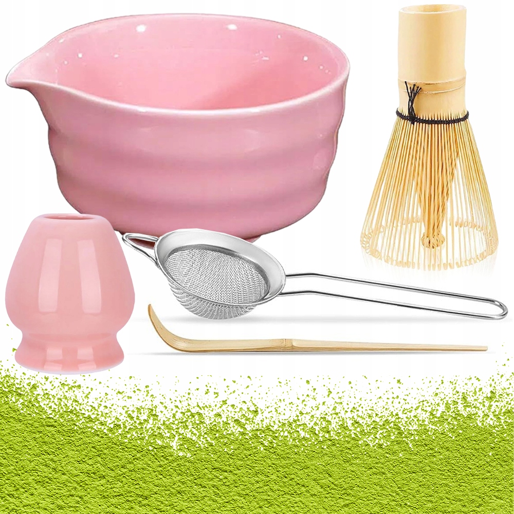 Levně Matcha Komplet Keramika Růžová Šlehací Metla Lžíce Miska Sítko Podstavec Filtr