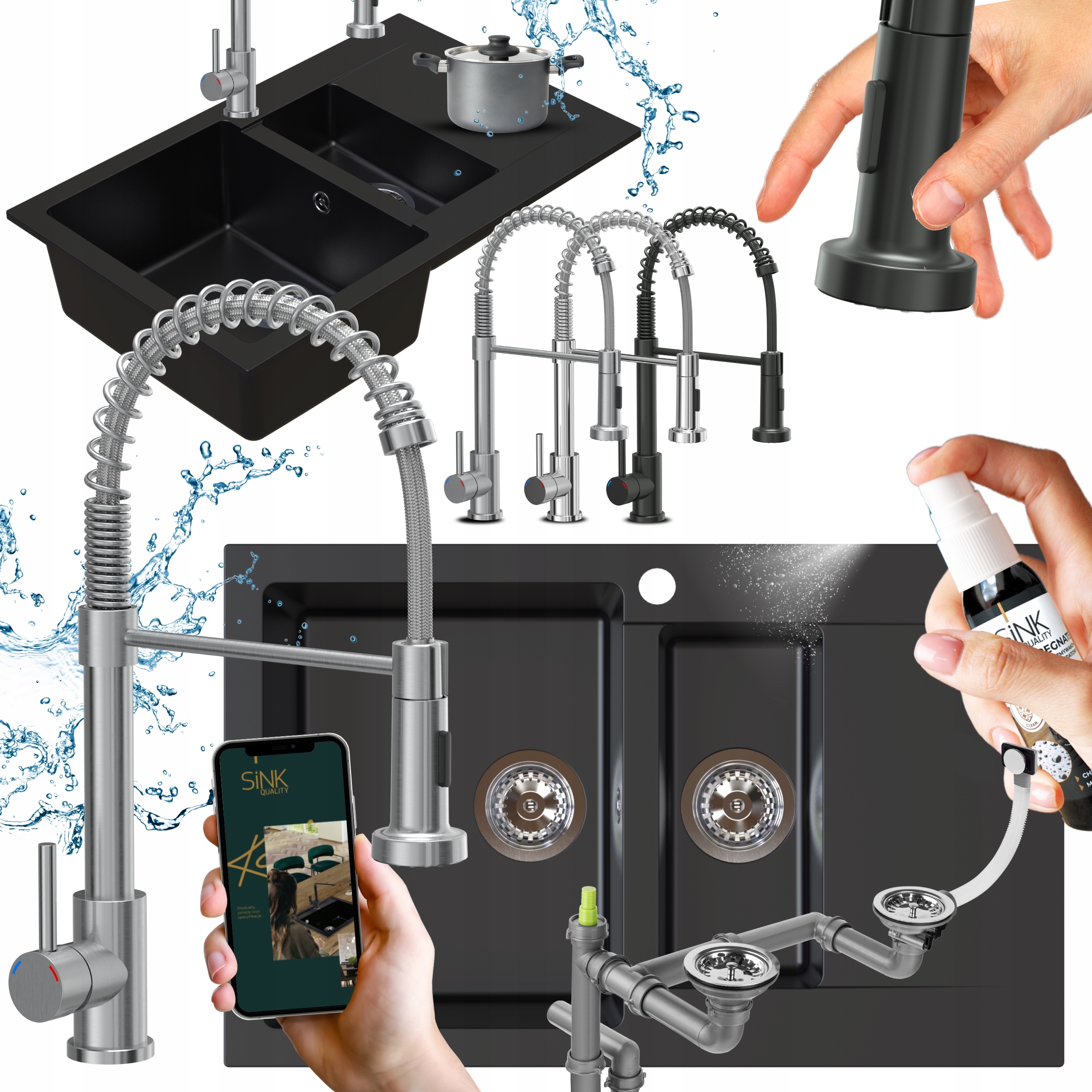 Granitový dřez Dvoukomorový černý s Baterií Sifon Impregnat 8v1