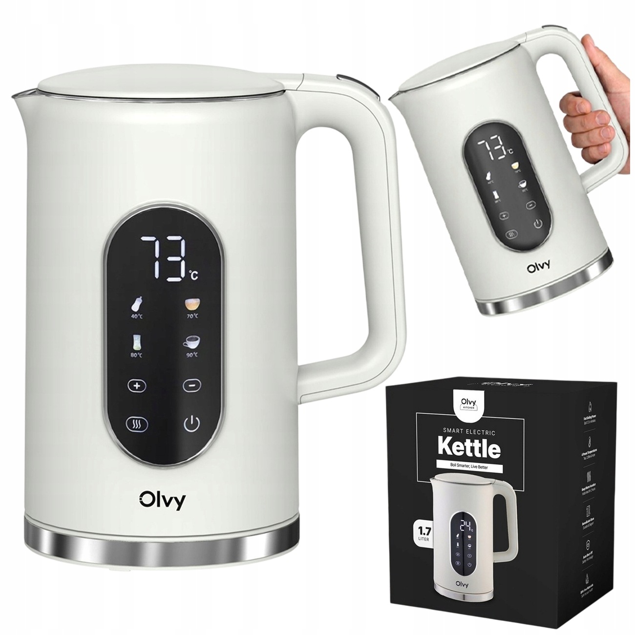 Olvy Czajnik elektryczny 1,7 l z regulacją temperatury, kremowy, 2200 W