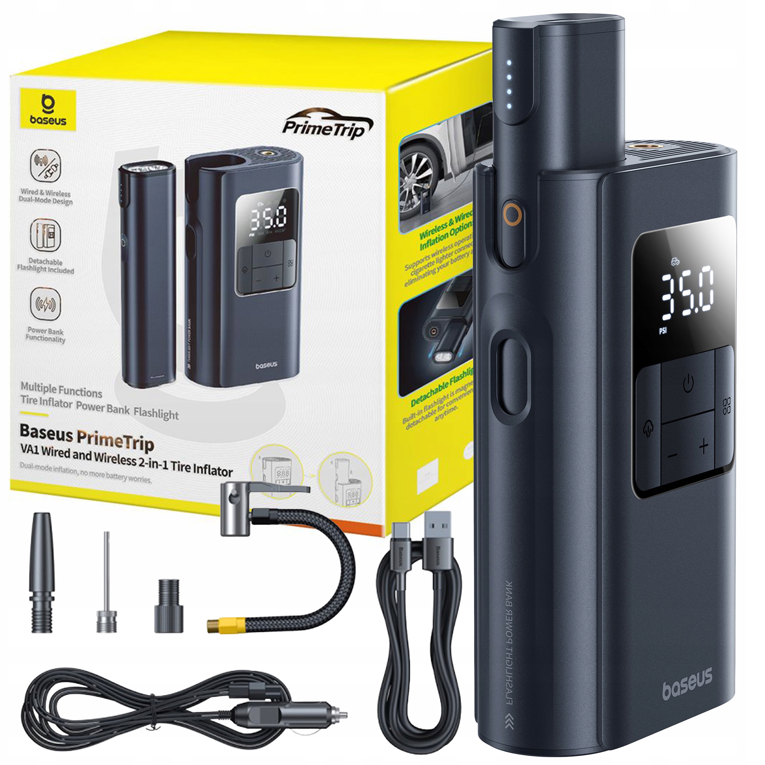 Baseus Kompresor Do Auta Pumpa Na Pneumatiky Míčů Svítilna Powerbanka 75W